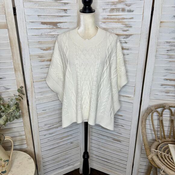J. CREW Women's One Size Mock Neck Fisherman Cable Knit Poncho Sweater Cream - Picture 4 of 16